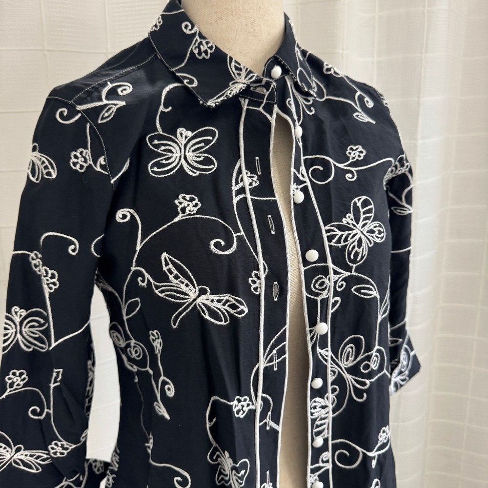 Black and White Embroidered Butterfly Dragonfly Floral Button Down Top